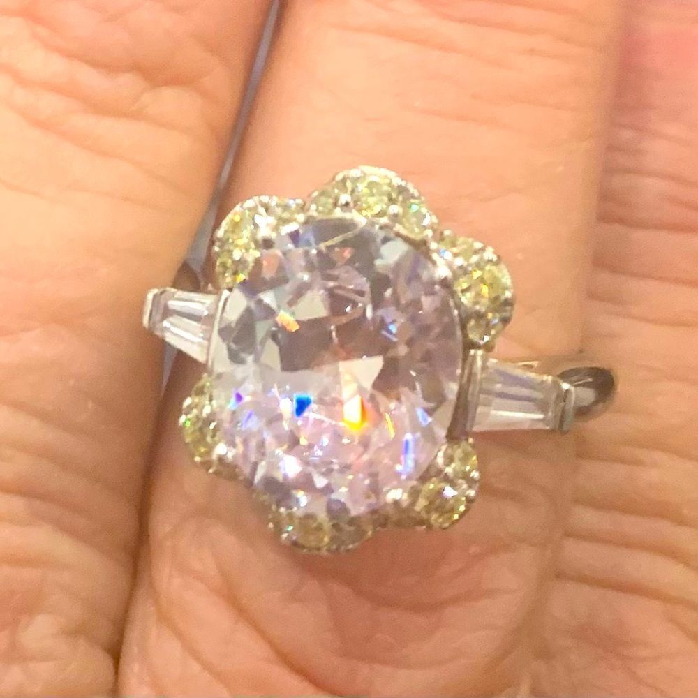 10.87ctw Canary And White Diamond Simulants Rhodium Over Silver Ring size 8